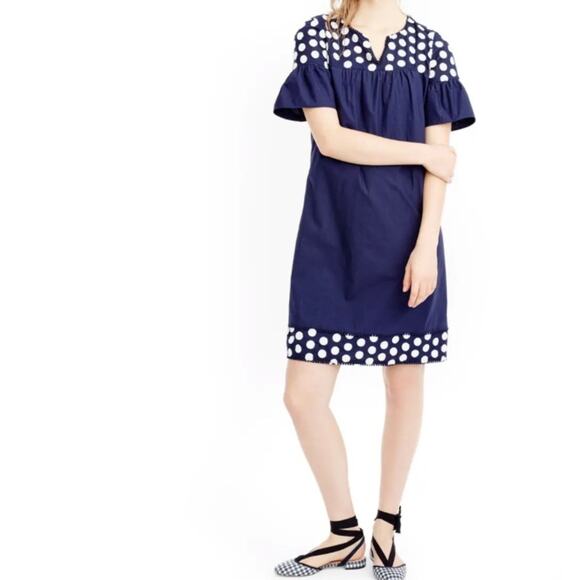 J. Crew Bell Sleeve Fringe Dot Dress blue white sz 10 - Picture 1 of 8